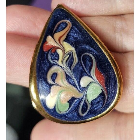 Retro Multicolored Earrings Glittery Swirl Enamel Curved Teardrop Gold Tone - Picture 9 of 13